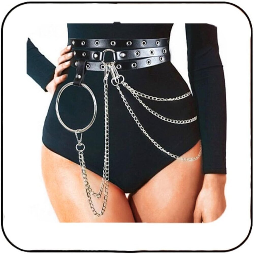 Black Leather Waist Chain Punk Rave Accessories Adjustable for Women